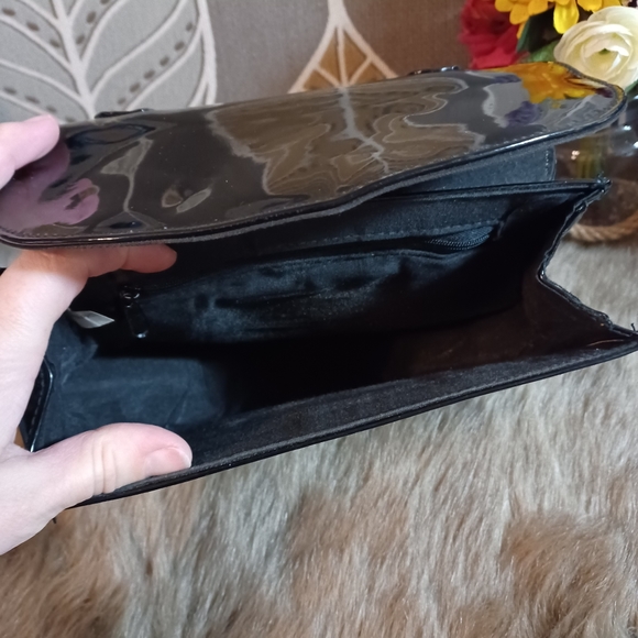 Vintage Bamboo Handle Patented Leather Black Vinyl Evening Handbag 8" - Picture 2 of 12